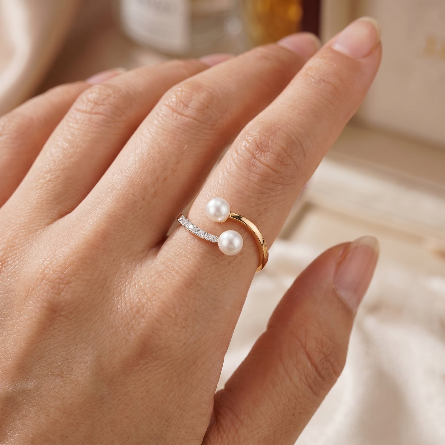 18KT Yellow Gold Double Pearl & Diamond Ring for Women