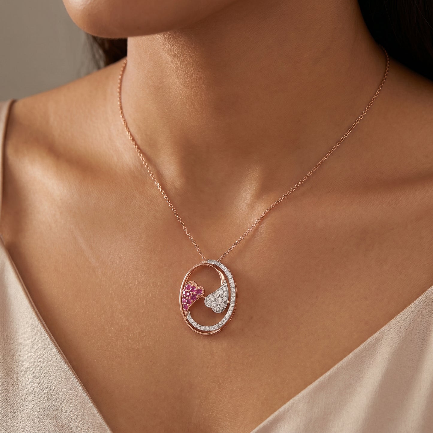 18KT Rose Gold Diamond Twin Heart Pendant Women
