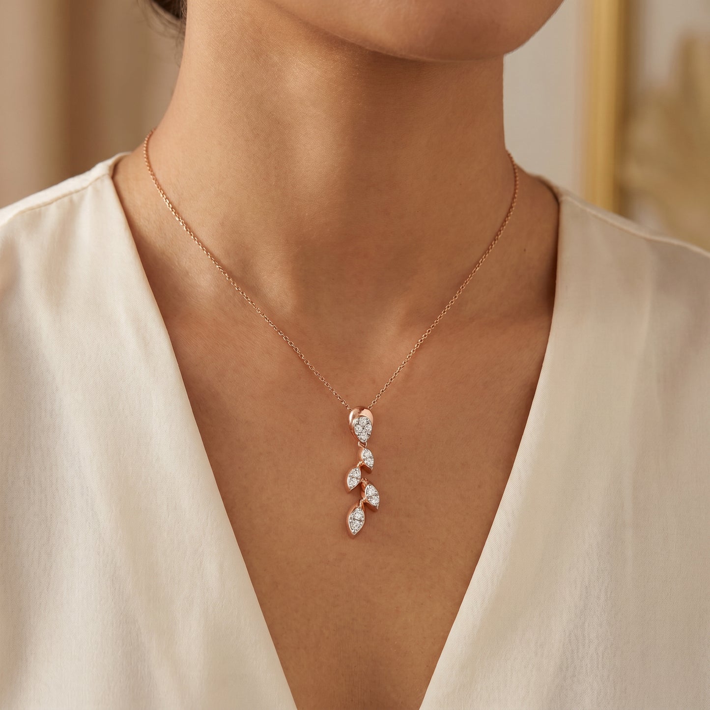 18KT Rose Gold Diamond Leaf Vine Pendant For Women