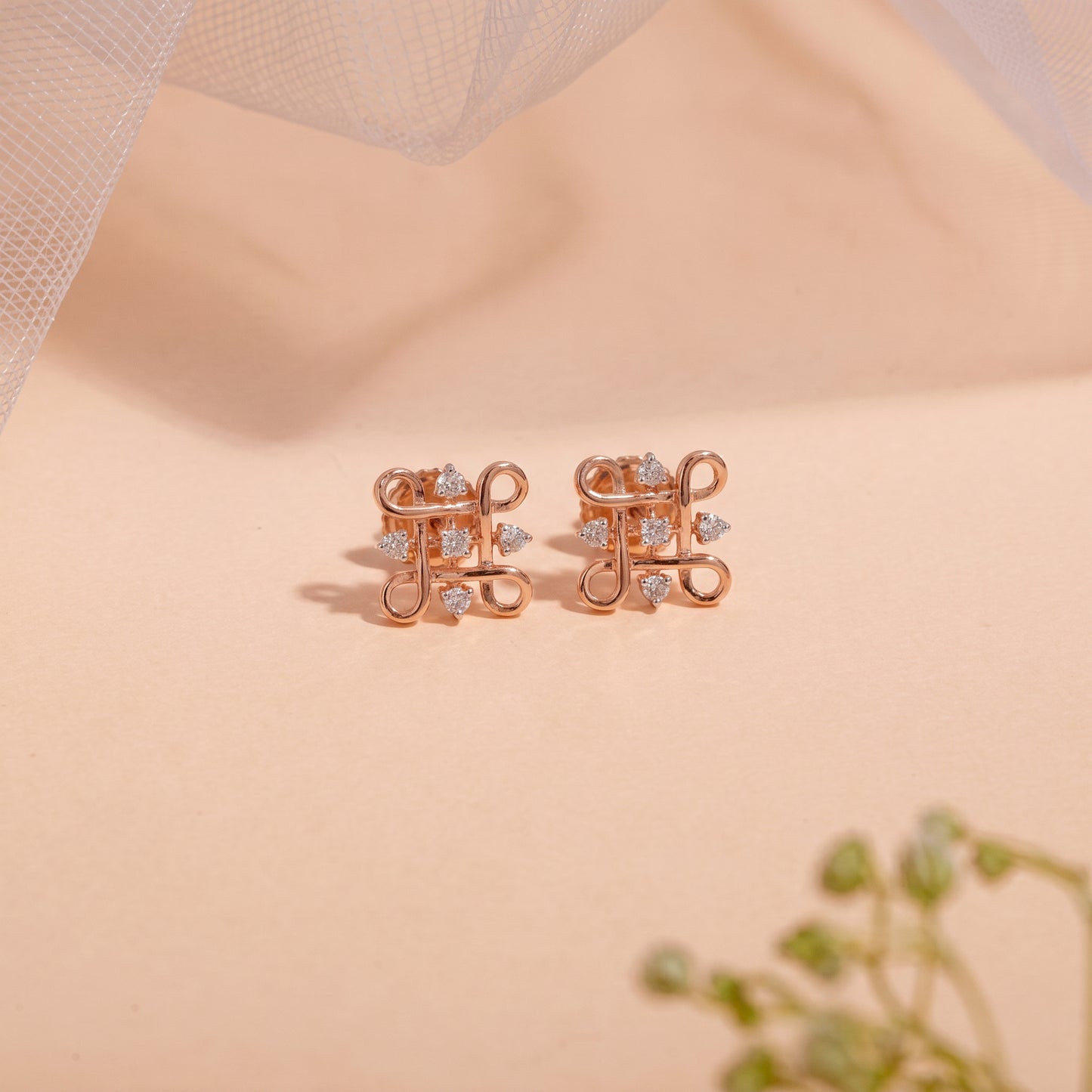 18KT Rose Gold Diamond Scroll Stud Earrings Women