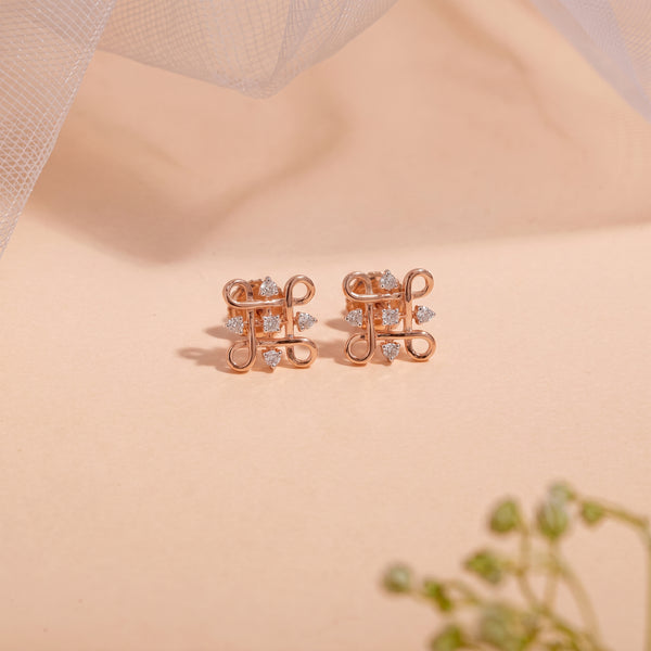 18KT Rose Gold Diamond Scroll Stud Earrings Women