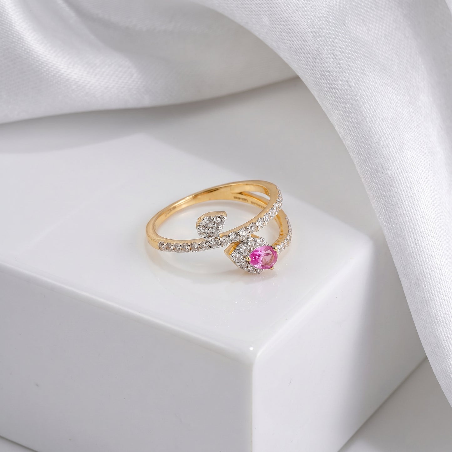 18KT Yellow Gold Pink Stone Diamond Bypass Ring