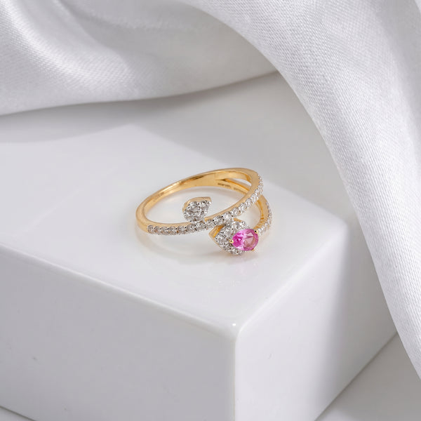18KT Yellow Gold Pink Stone Diamond Bypass Ring