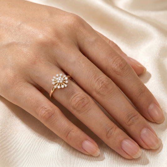 18KT Yellow Gold Diamond Floral Ring For Women