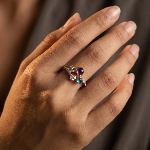 18KT Rose Gold Diamond Dual Stone Ring For Women