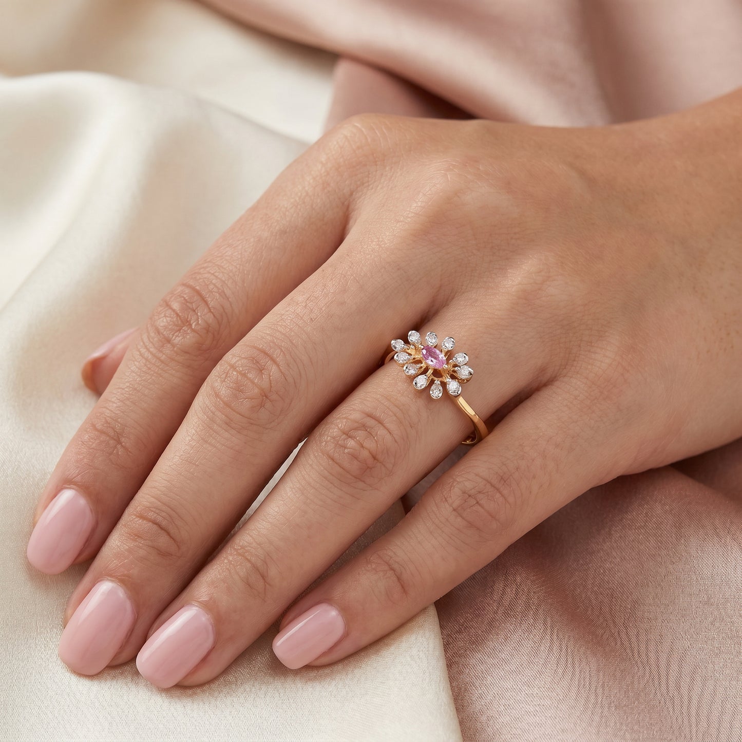 18KT Yellow Gold Pink Stone Diamond Ring for Women