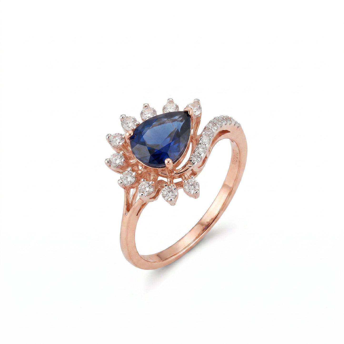 18Kt Rose Gold Blue Sapphire Diamond Ring for Women