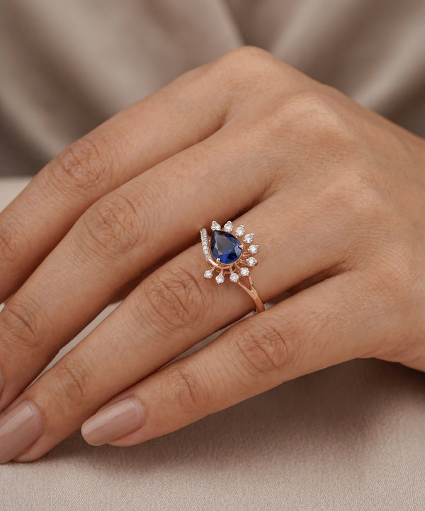 18Kt Rose Gold Blue Sapphire Diamond Ring for Women