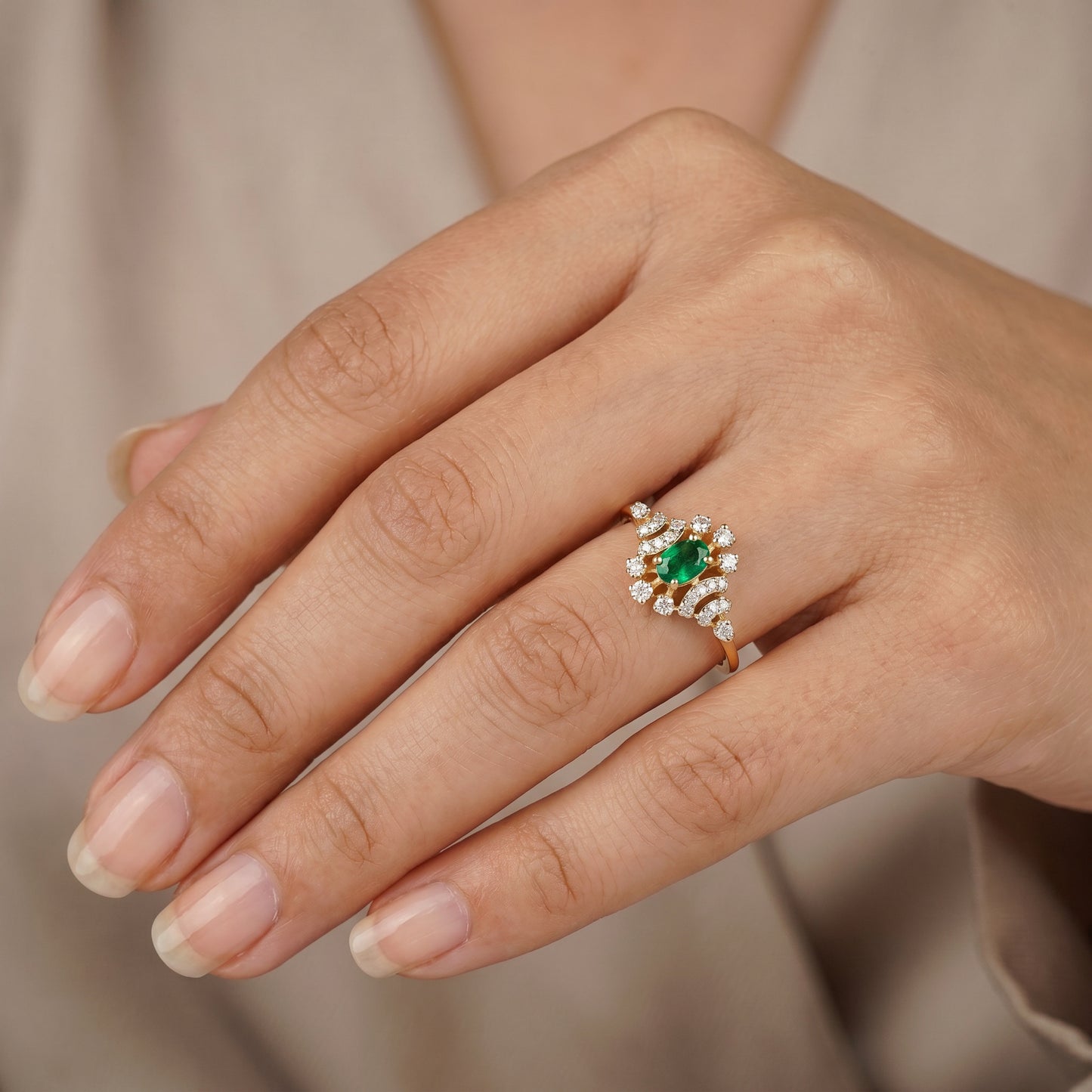 18KT Yellow Gold Emerald & Diamond Ring for Women