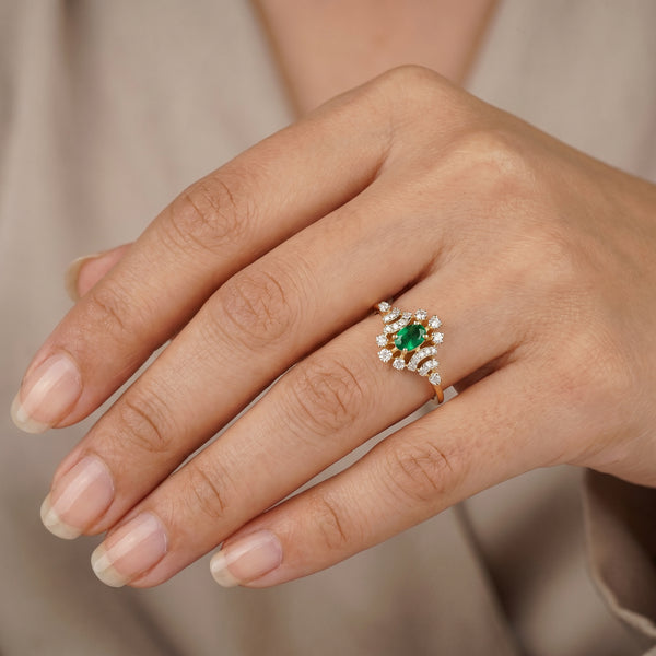 18KT Yellow Gold Emerald & Diamond Ring for Women