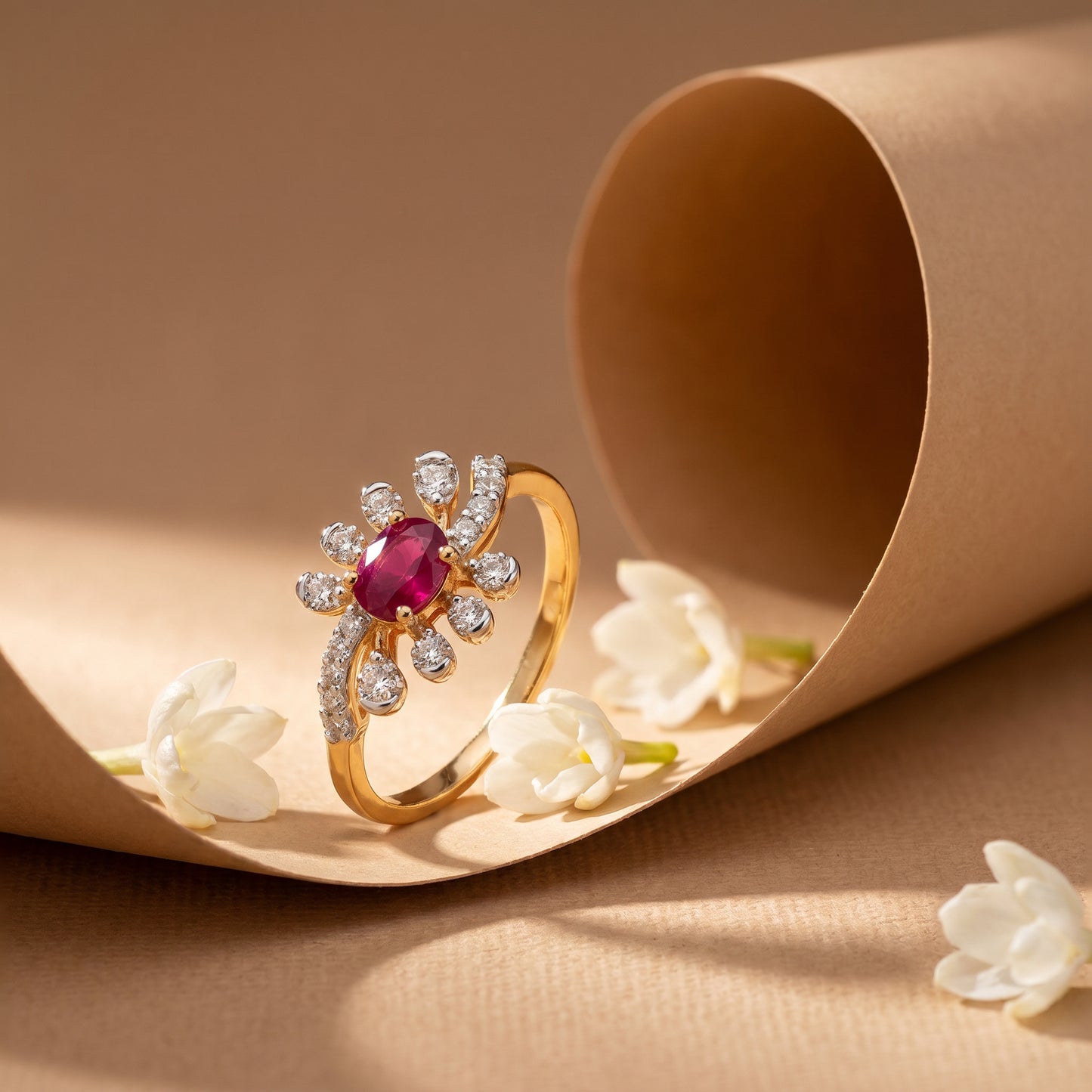 18KT Yellow Gold Red Stone Diamond Floral Ring