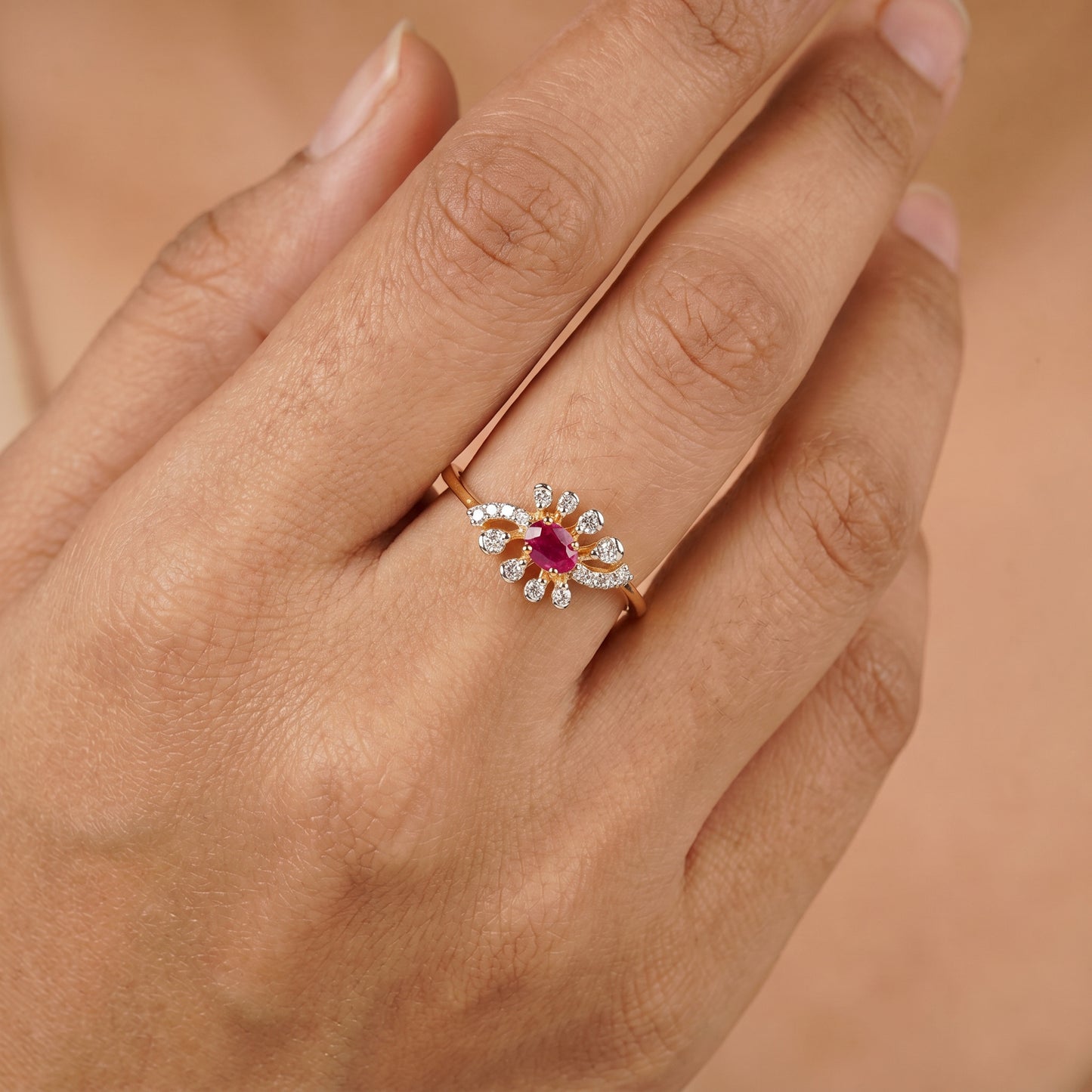 18KT Yellow Gold Red Stone Diamond Floral Ring