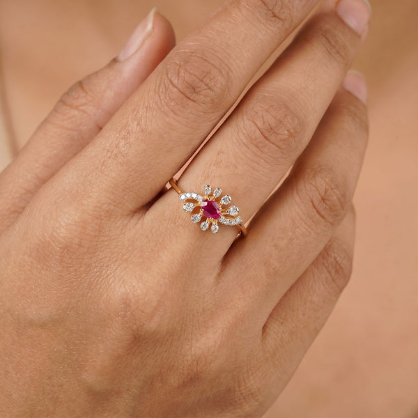18KT Yellow Gold Red Stone Diamond Floral Ring