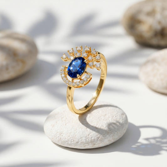 18Kt Blue Sapphire Diamond Cocktail Ring for Women