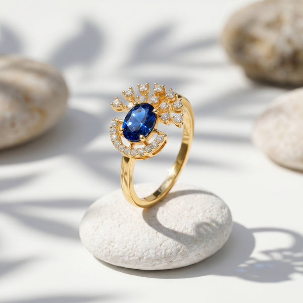 18Kt Blue Sapphire Diamond Cocktail Ring for Women