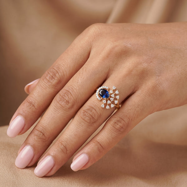 18Kt Blue Sapphire Diamond Cocktail Ring for Women