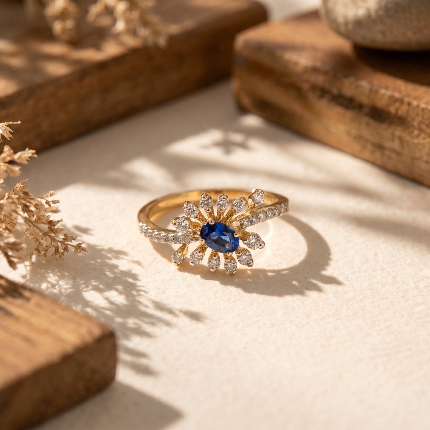 18Kt Gold Blue Stone Diamond Floral Ring Women