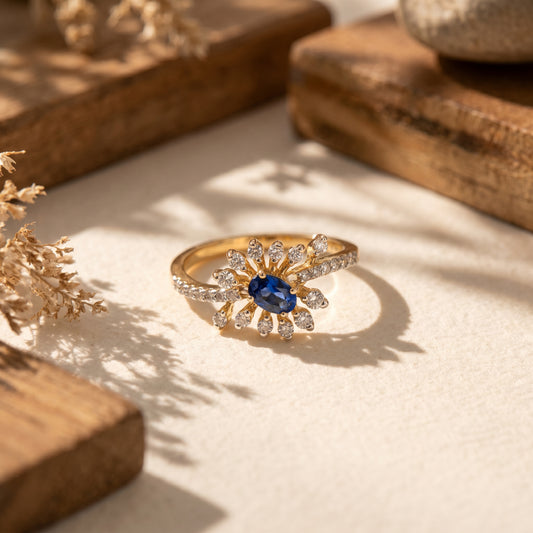 18Kt Gold Blue Stone Diamond Floral Ring Women