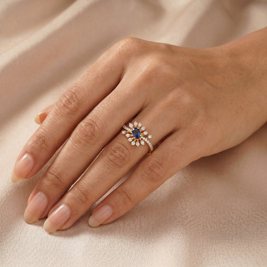 18Kt Gold Blue Stone Diamond Floral Ring Women