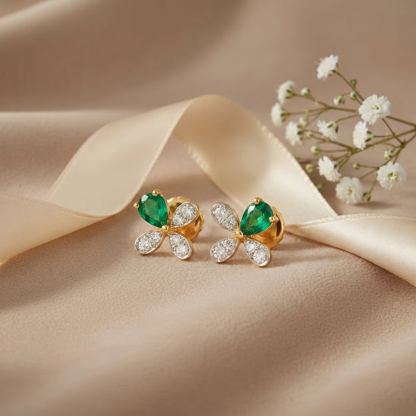 18KT Yellow Gold  Petal Diamond Stud Earrings