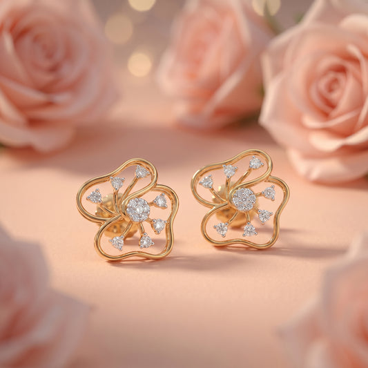 18Kt Yellow Gold Diamond Flower Stud Earrings for Women
