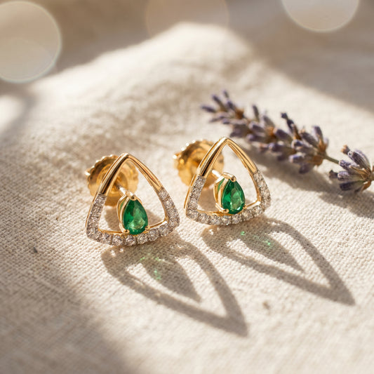 18Kt Yellow Gold Emerald & Diamond Triangle Stud Earrings