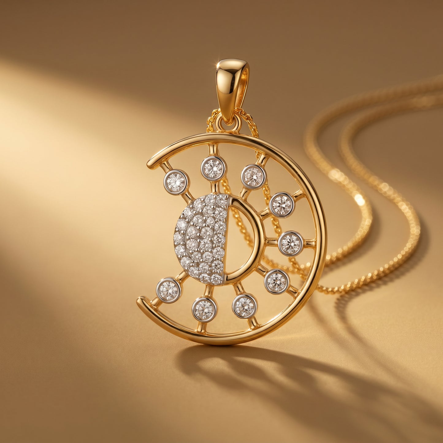 18Kt Yellow Gold Diamond Crescent Moon Pendant for Women