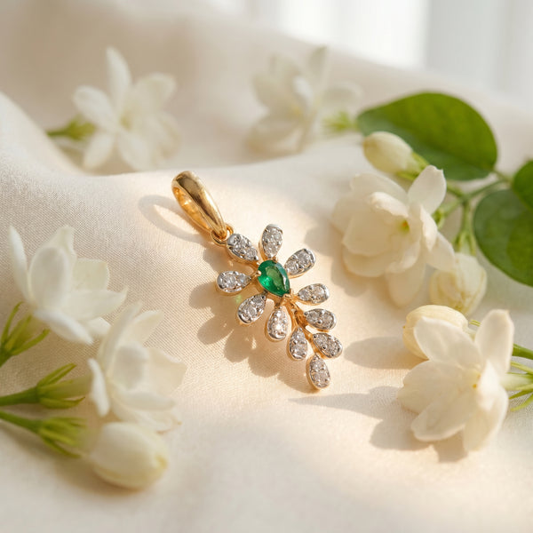 18KT Gold Green Stone Diamond Pendant For Women