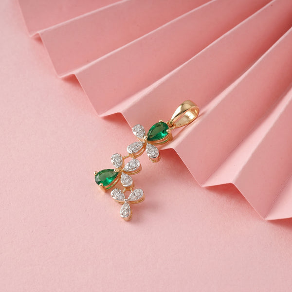 18Kt Green Stone Floral Drop Diamond Pendant For Women