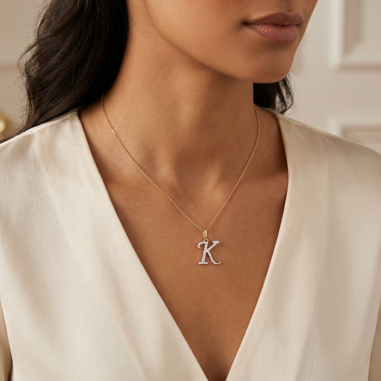 18KT Gold Diamond Initial "K" Pendant For Women