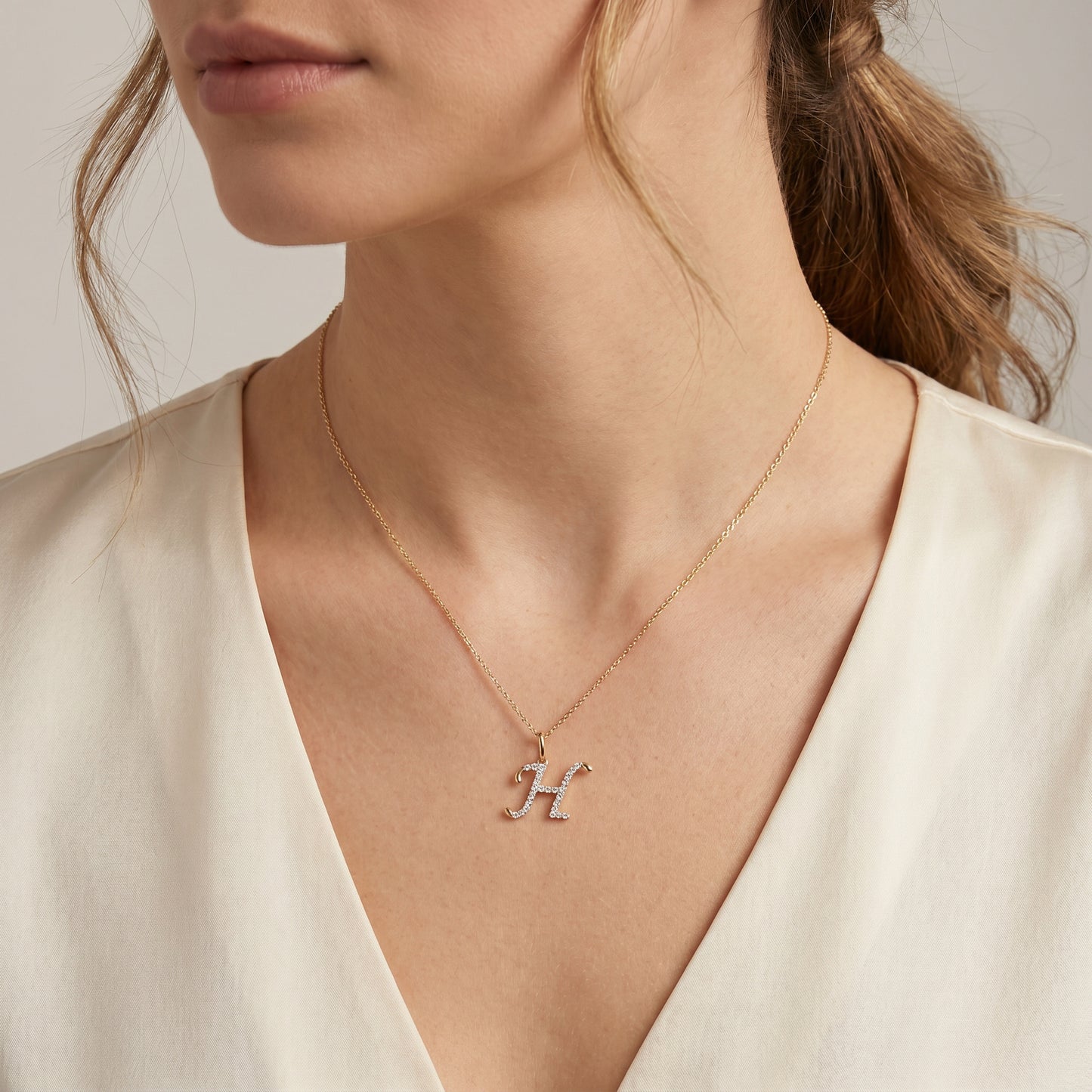 18KT Gold Diamond Initial "H" Pendant For Women