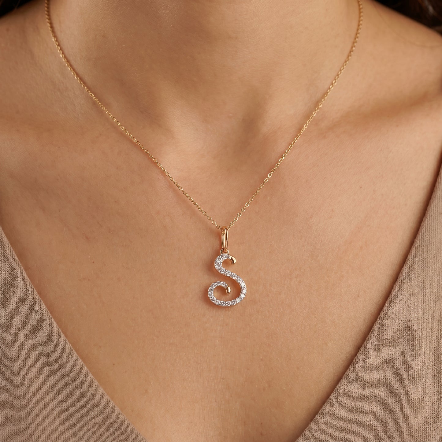 18KT Gold Diamond Initial "S" Pendant For Women