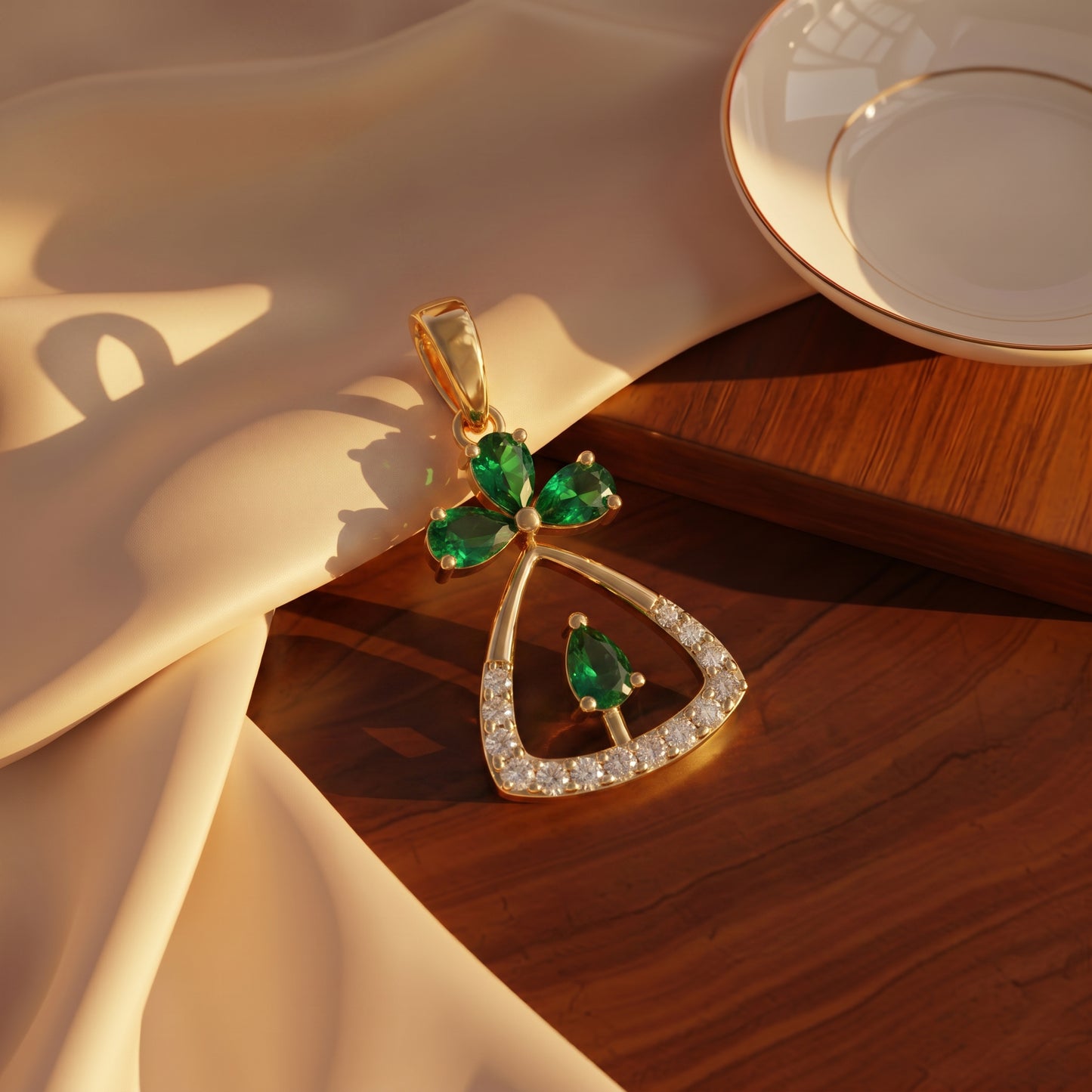 18Kt Yellow Gold Green Stone Diamond Pendant for Women