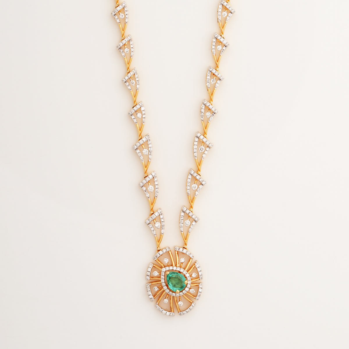 18KT Yellow Gold Green Stone Diamond Long Necklace