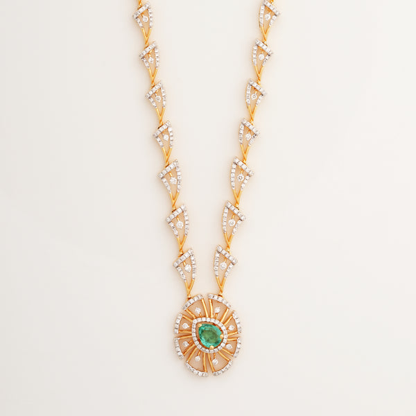18KT Yellow Gold Green Stone Diamond Long Necklace
