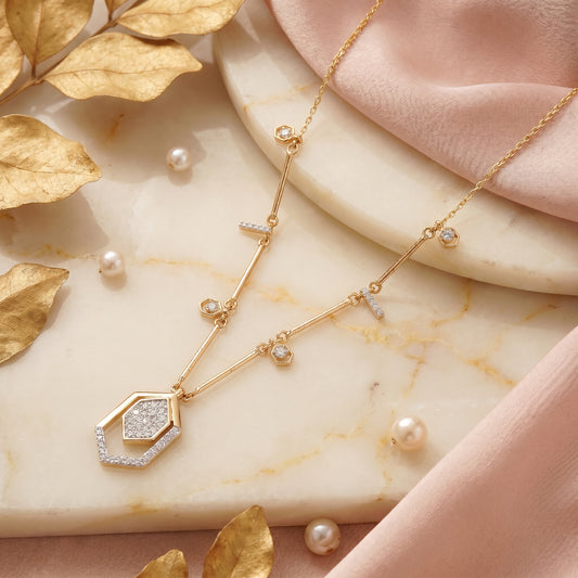 18KT Yellow Gold Diamond Hexagon Pendant Necklace