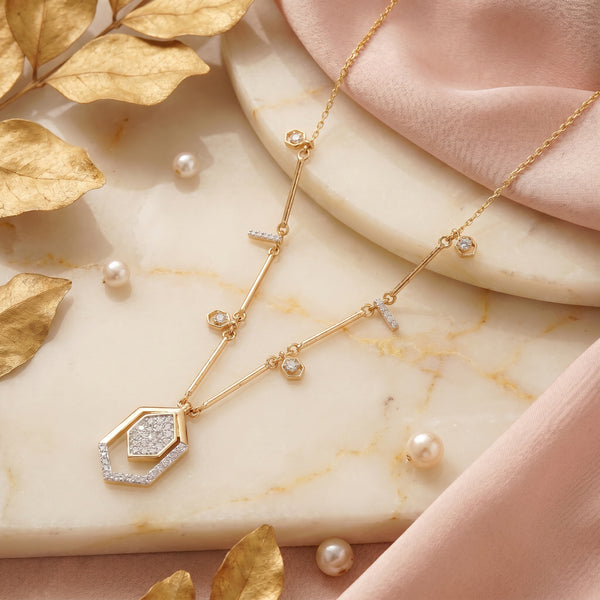 18KT Yellow Gold Diamond Hexagon Pendant Necklace