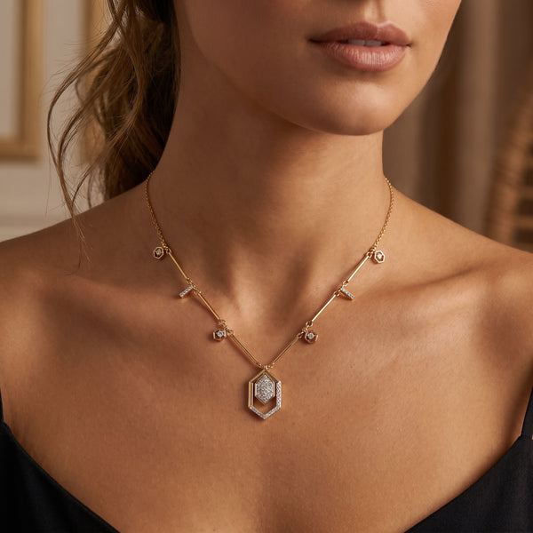 18KT Yellow Gold Diamond Hexagon Pendant Necklace