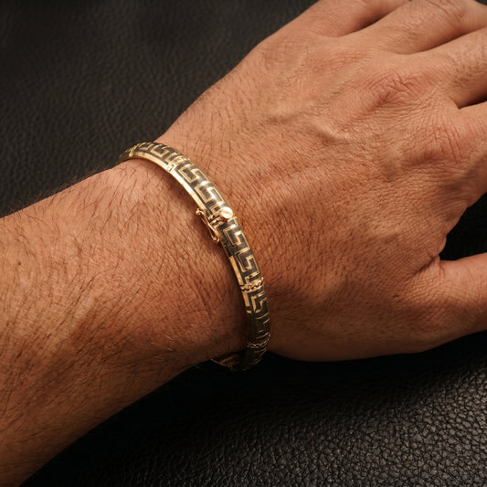18Kt Yellow Gold Greek Key Bangle Bracelet for Men