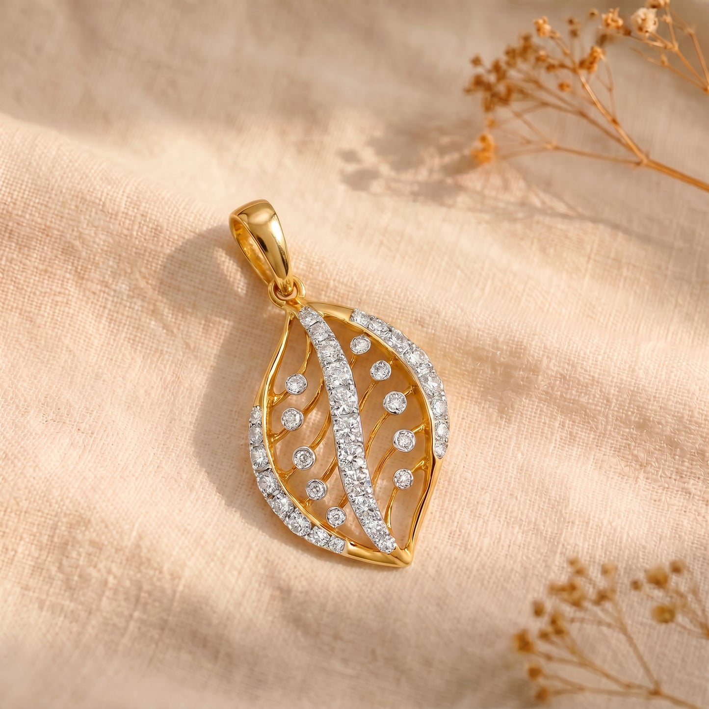 18KT Yellow Gold Diamond Leaf Pendant for Women