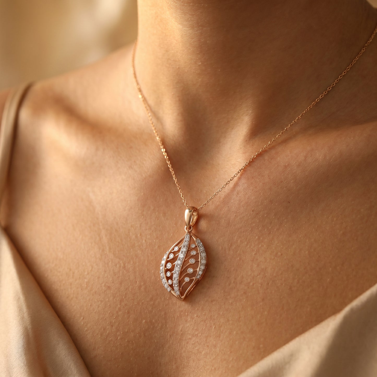 18KT Yellow Gold Diamond Leaf Pendant for Women