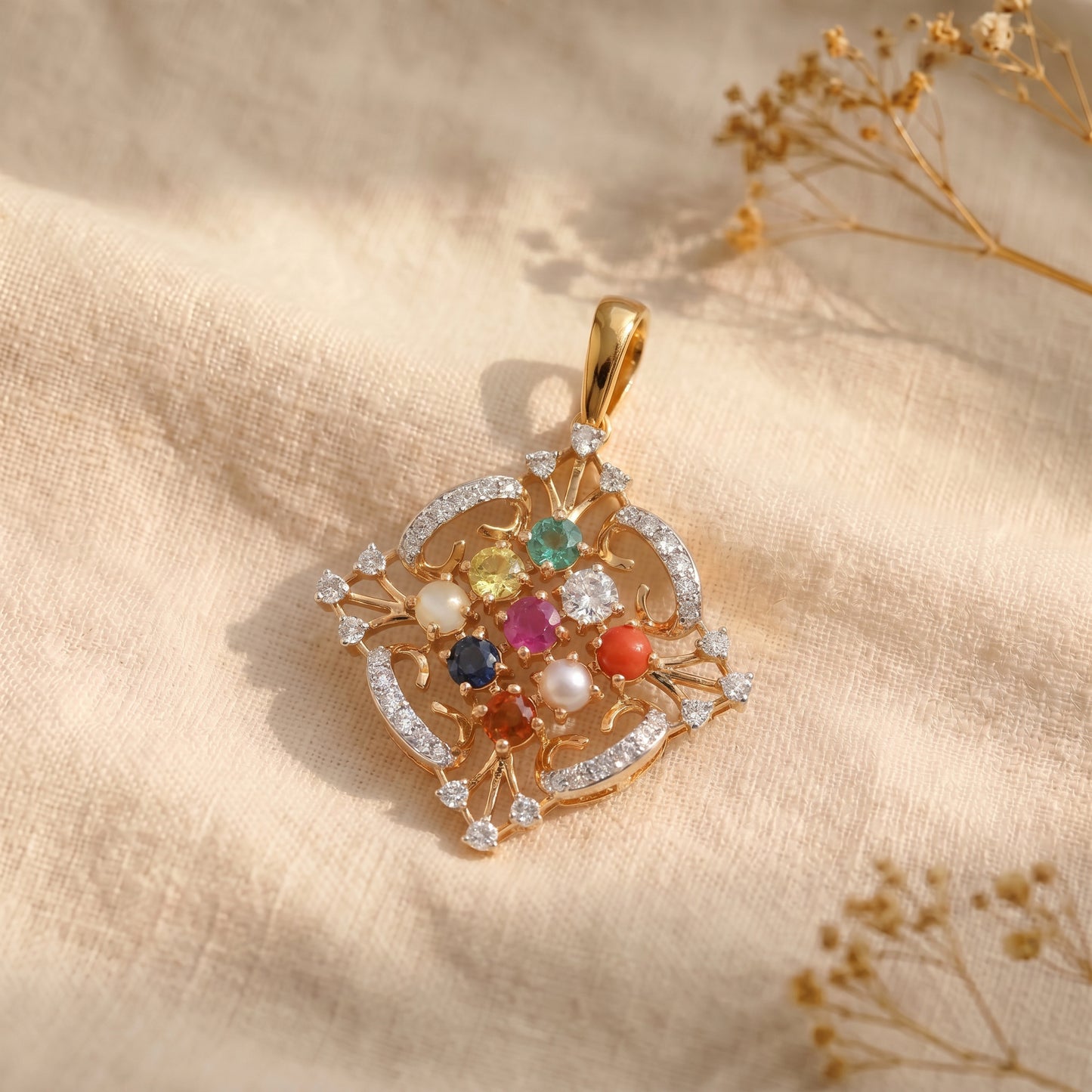 18KT Rose Gold Diamond Navratna Pendant for Women