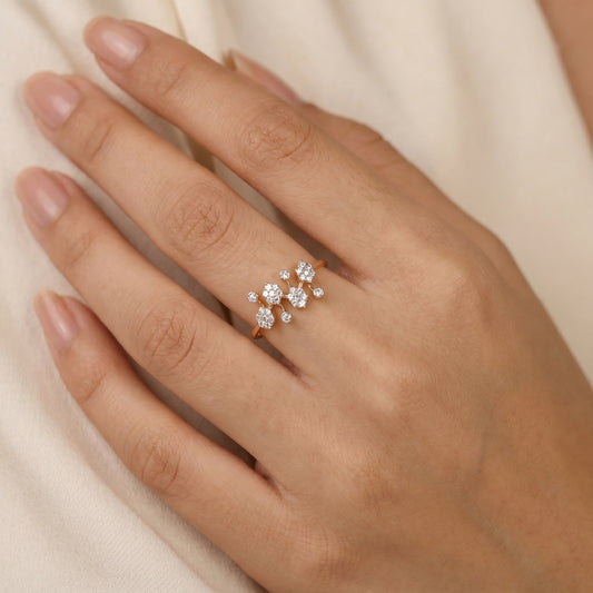 18KT Yellow Gold Diamond Cluster Ring For Women