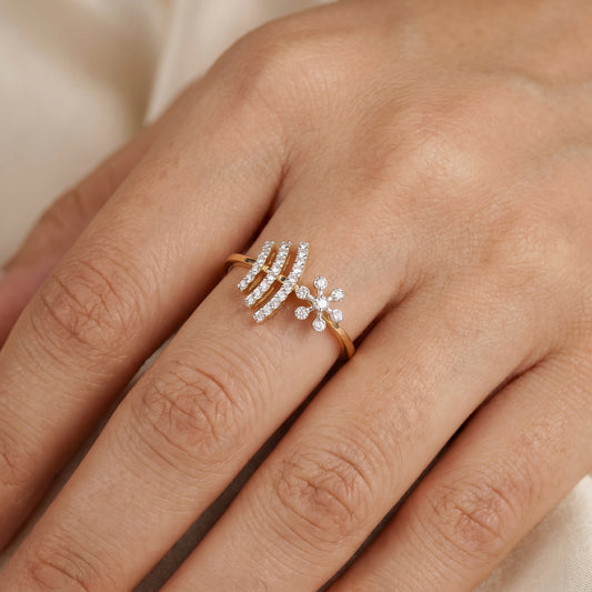 18KT Gold Diamond Trendy Floral Ring For Women