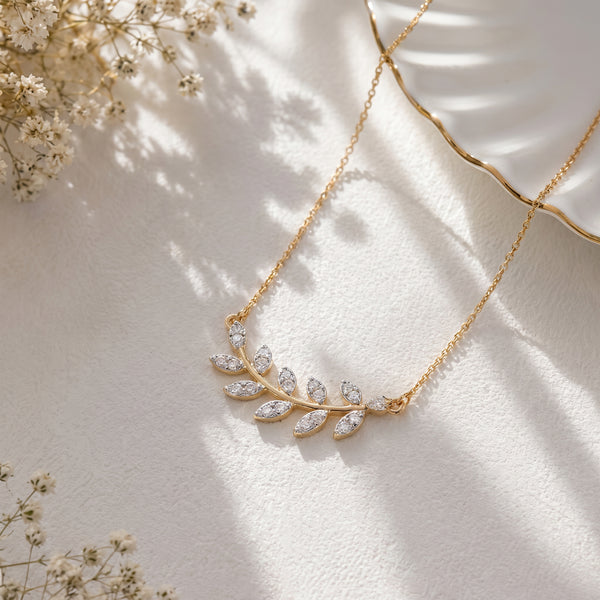 18KT Gold Diamond Leaf Pendant Chain for Women