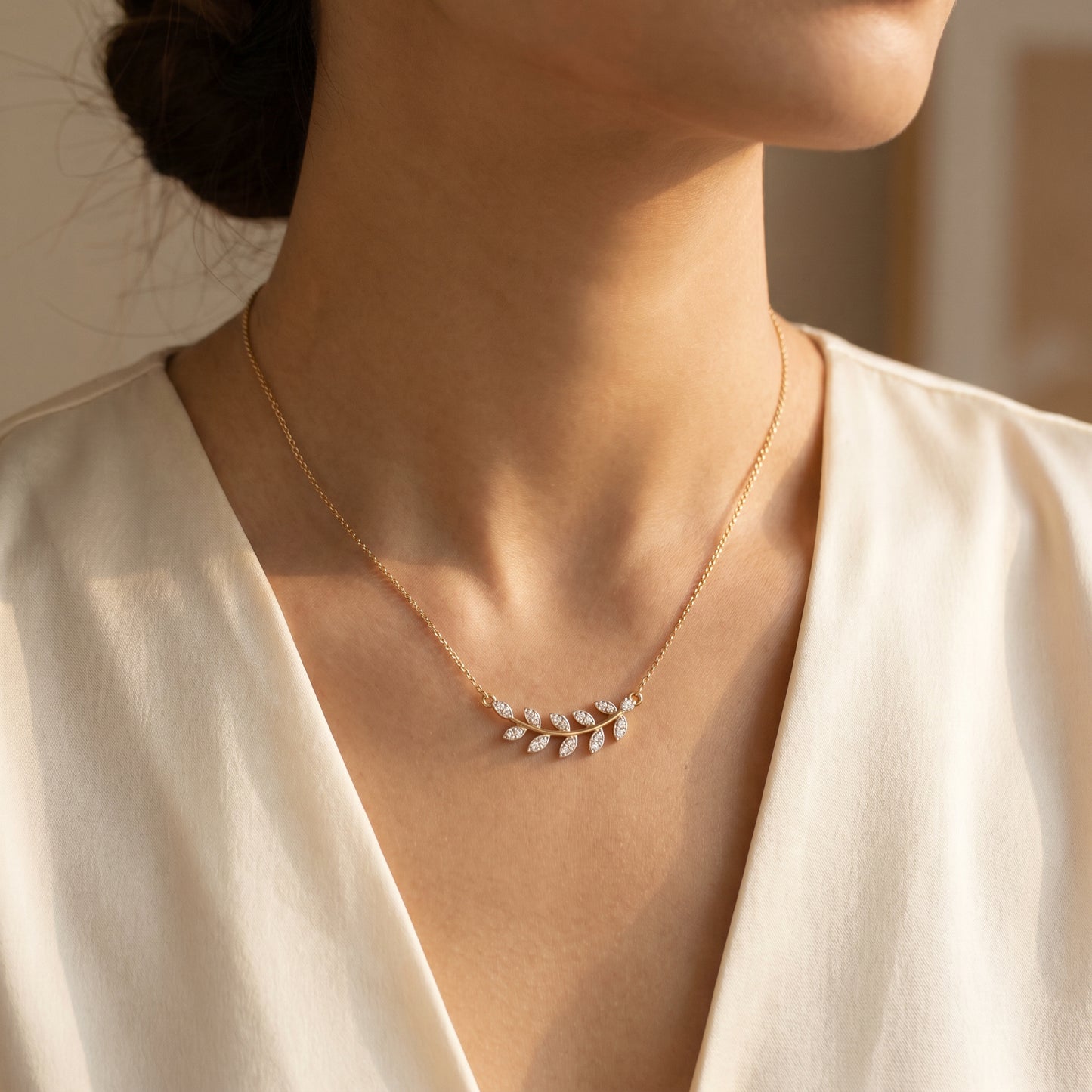 18KT Gold Diamond Leaf Pendant Chain for Women