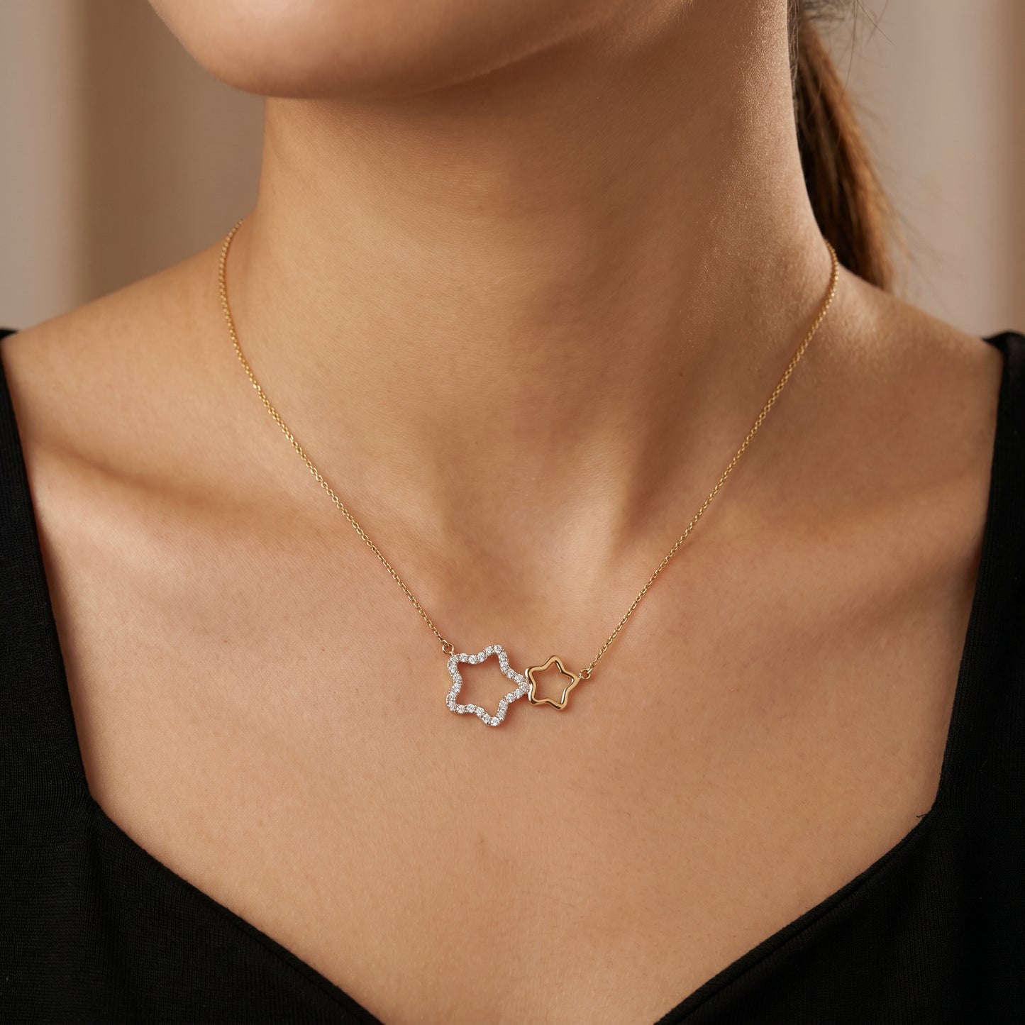 18KT Gold Diamond Double Star Pendant Chain