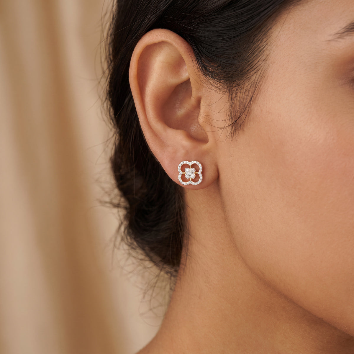 18KT Gold Diamond Floral Stud Earrings for Women