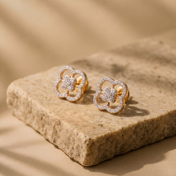 18KT Gold Diamond Floral Stud Earrings for Women