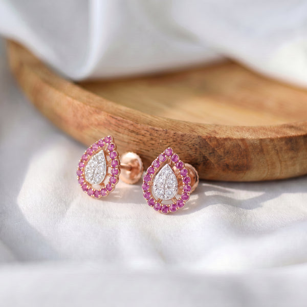 18KT Gold Diamond Color Stone Stud Earrings for Women